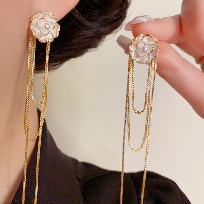 14K Gold-Plated Camellia 2 Way Tassel Earrings – Elegant Floral Design