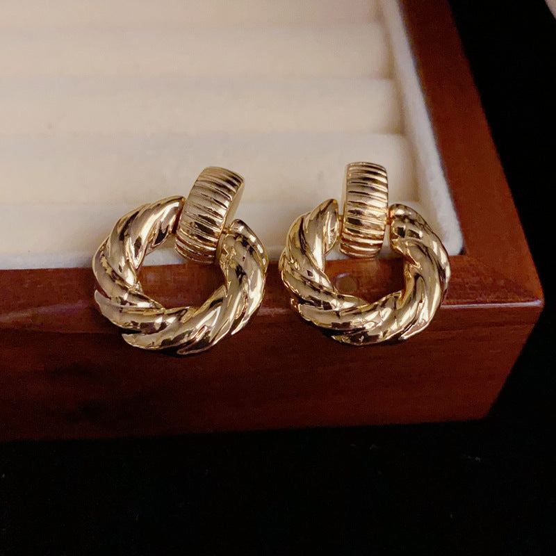 14K Gold-Plated Metal Geometric Braided Circle Earrings- Vintage Style