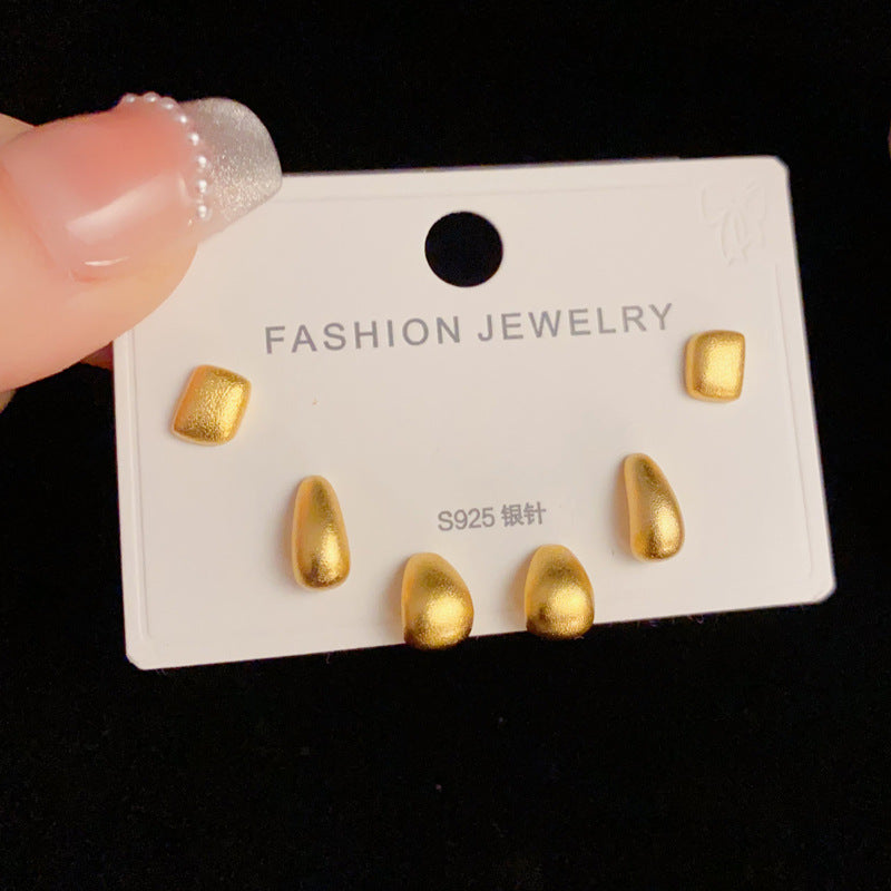 14K Gold Mesh Geometric Trio Stud Earrings - Chic Minimalist Design