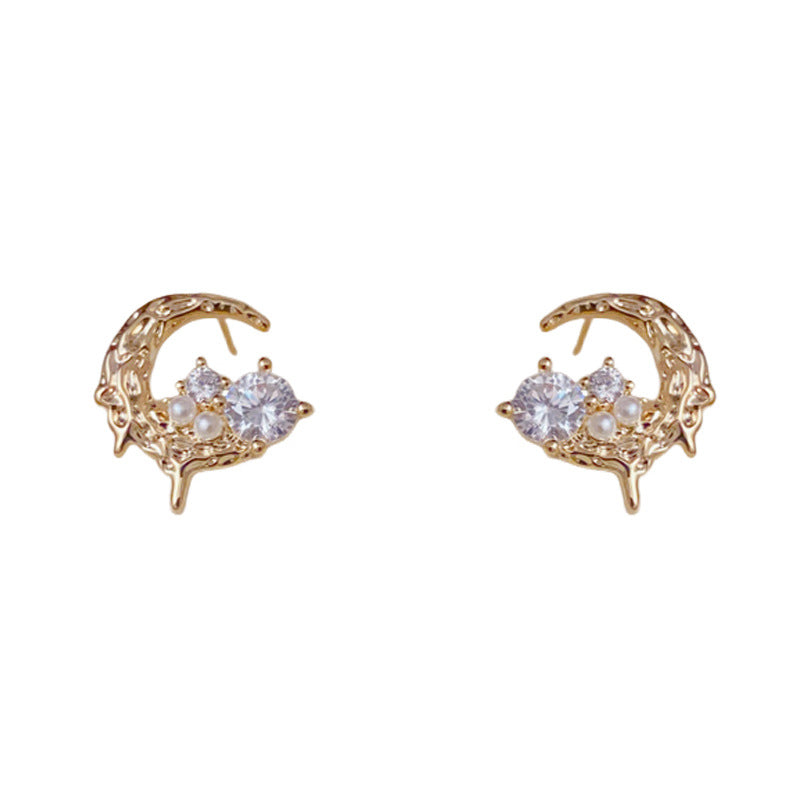 14K Gold Irregular Zircon Moon Stud Earrings – S925 Silver Needle
