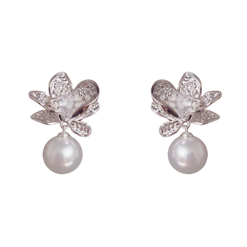 Elegant Silver Metal Petal & Pearl Drop Earrings – Floral Design