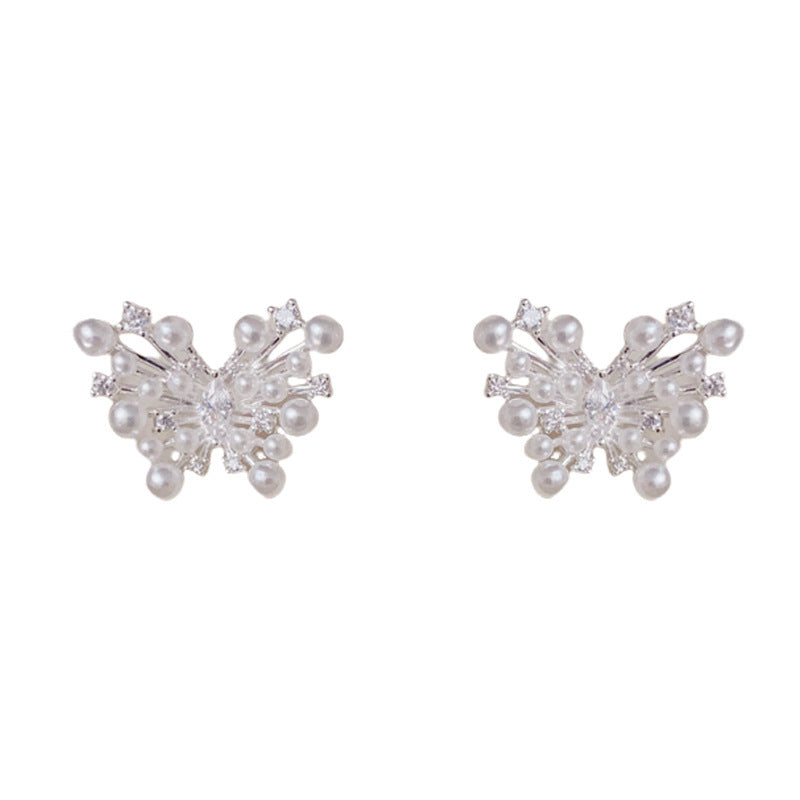 Elegant Zircon & Pearl Butterfly Stud Earrings – Animal Design