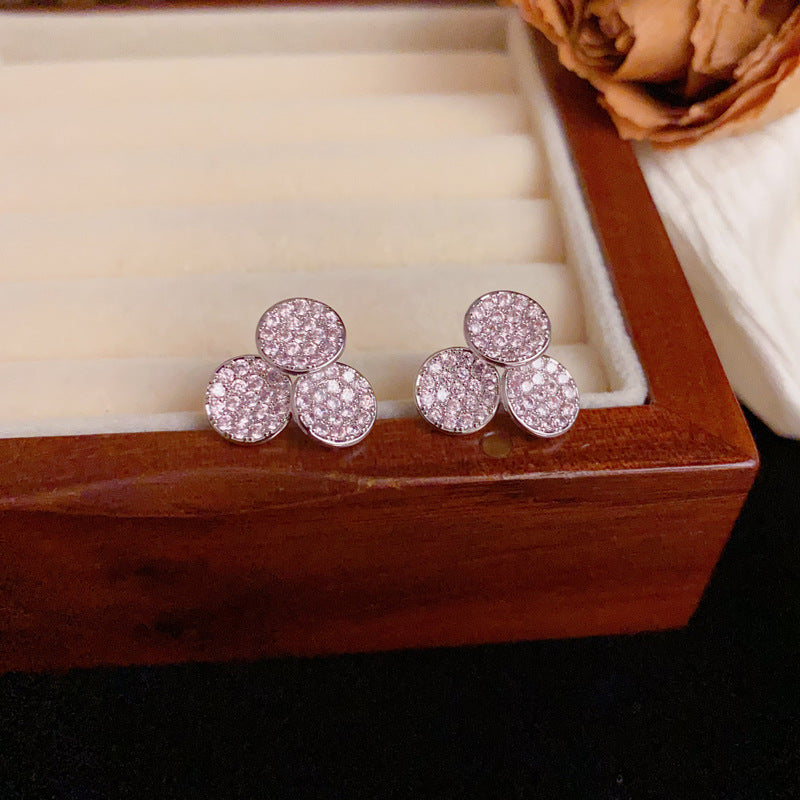 Luxury Zircon Purple Triple Round Stud Earrings – Geometric Design