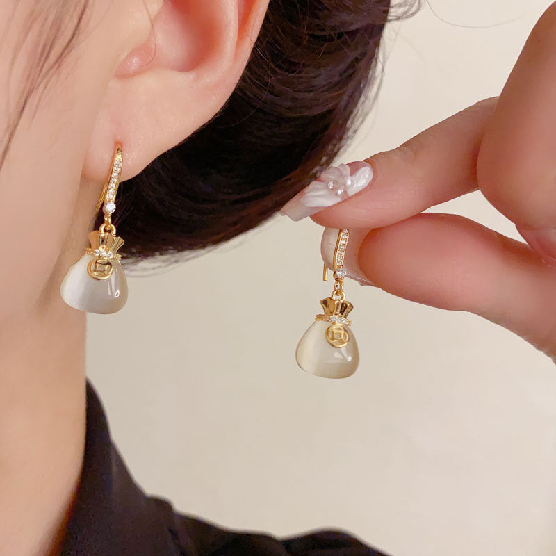 Luxury Cat's Eye Stone Money Bag Hook Earrings – Geometric Design