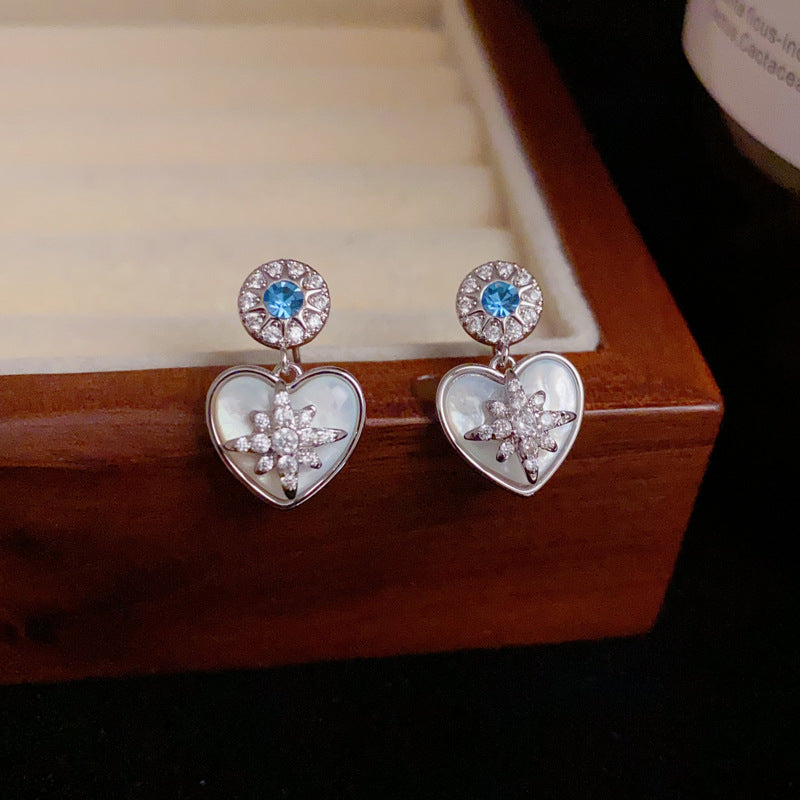14K Gold Zircon Star & Mother-of-Pearl Heart Earrings – Elegant Design