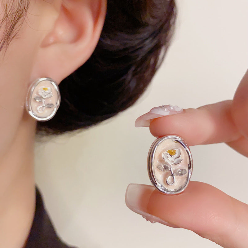 14K Gold-Plated Rose Oval Enamel Stud Earrings – Vintage Chic Design