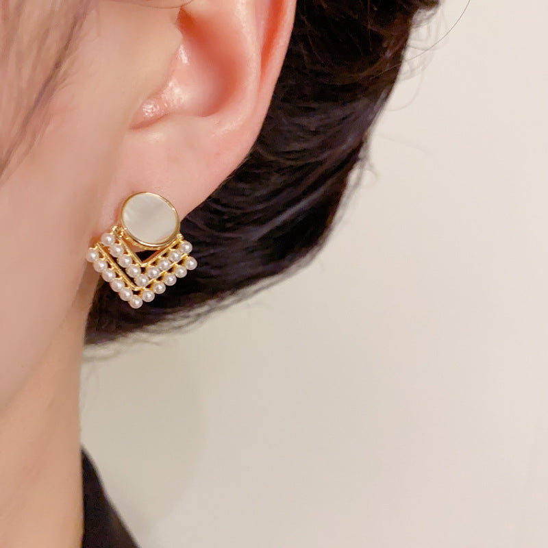 14K Gold-Plated Mother-of-Pearl Diamond Stud Earrings – Elegant Design