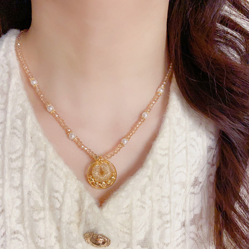 14K Gold Gold Mesh Circle Pearl Necklace – Elegant Geometric Design