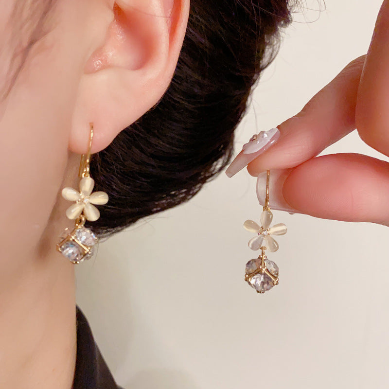 14K Gold Cat Eye Petal Zircon Ball Drop Earrings- Chic Elegance Design