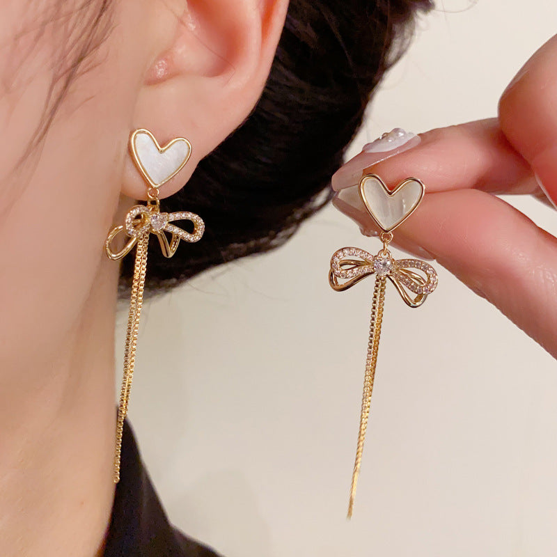 14K Gold Shell Heart Bow Tassel Drop Earrings - Chic Elegance Design