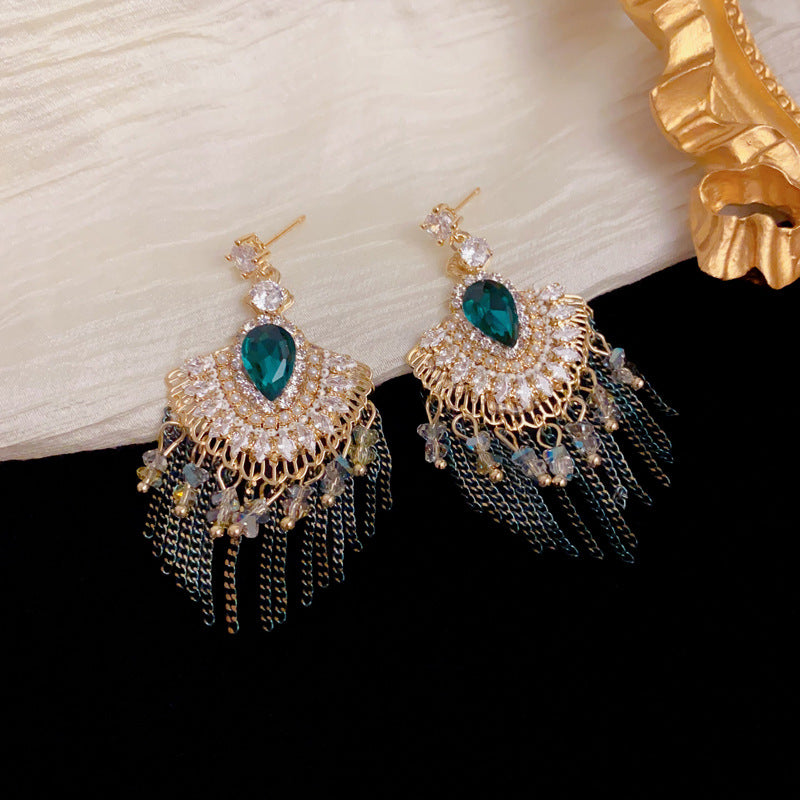 Elegant Zircon Fan-Shaped Tassel Drop Earrings – Geometric Design