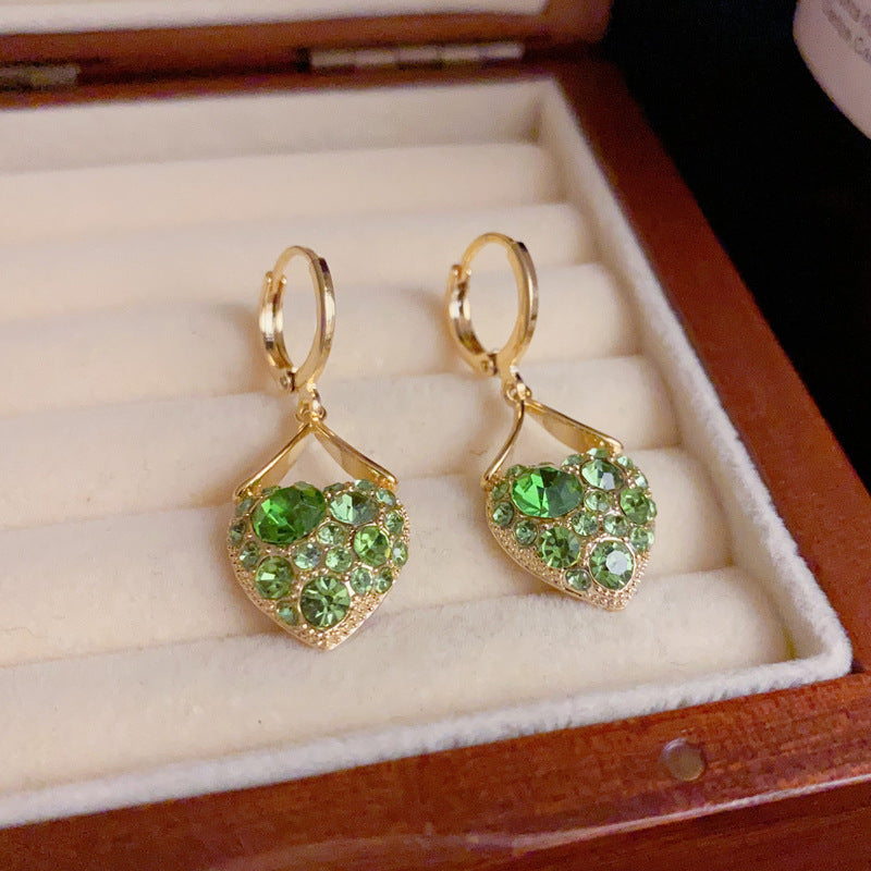 14K Gold-Plated Green Zircon Heart Tassel Earrings– Elegant Chic Style