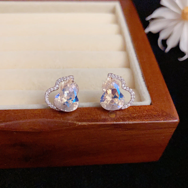 Elegant Full-Zircon Crystal Gourd Stud Earrings – Floral Design
