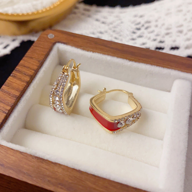 Elegant Full-Zircon Red Double-Sided Hoop Earrings – Geometric Design