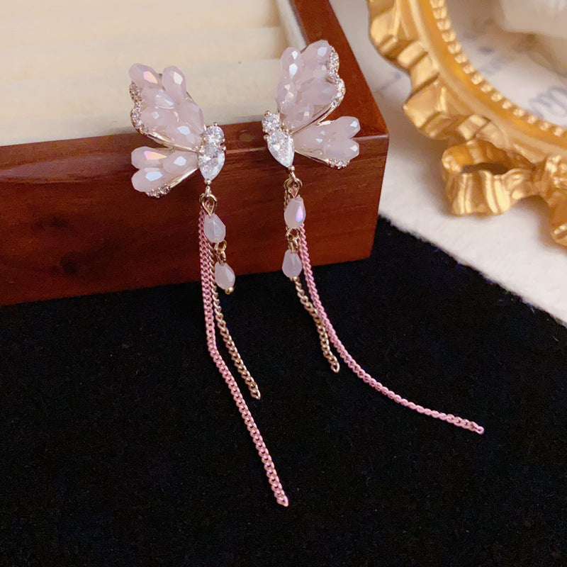 Luxury Crystal Butterfly Chain Tassel Drop Earrings – Elegant Design