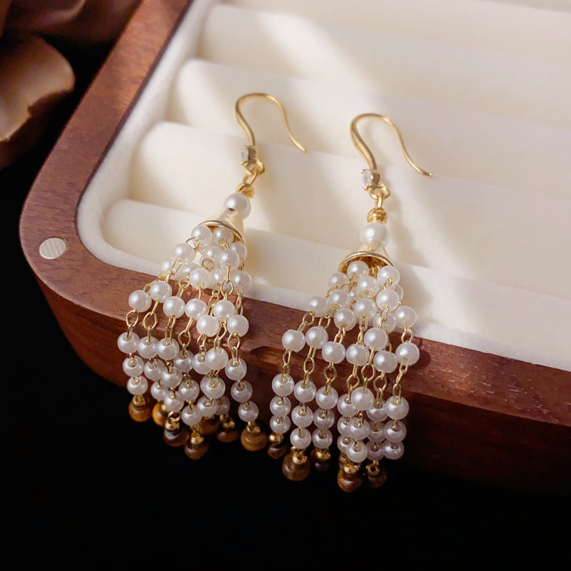 Luxury Geometric Pearl Long Tassel Earrings – Elegant Design