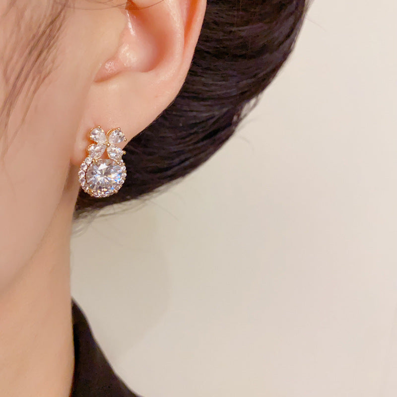 14K Gold-Plated Zircon Bow Circle Stud Earrings– Chic Sparkling Design