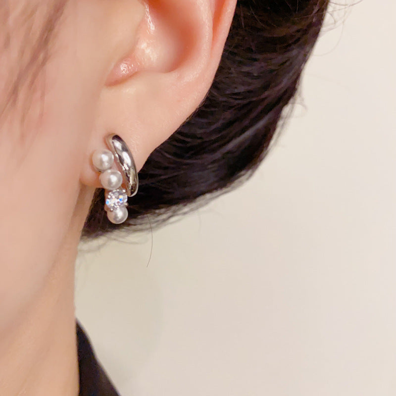 14K Gold Double-Layer Zircon Pearl Stud Earrings – Elegant Design