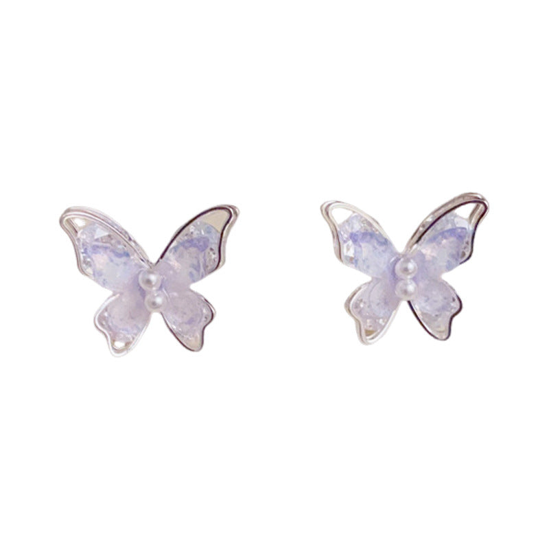 Silver-Plated Purple Pearl Butterfly Stud Earrings – Sweet Design