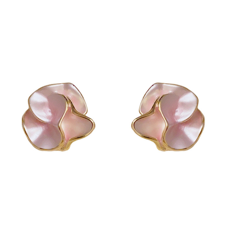 14K Gold French-Style Pink Camellia Stud Earrings – Elegant Design