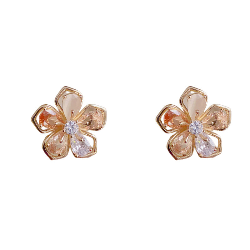 14K Gold Crystal Flower Clip-On Earrings – Elegant No-Piercing Design