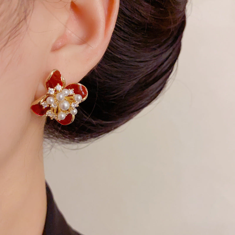 Luxury Zircon Pearl Enamel Petal Stud Earrings – Floral Design