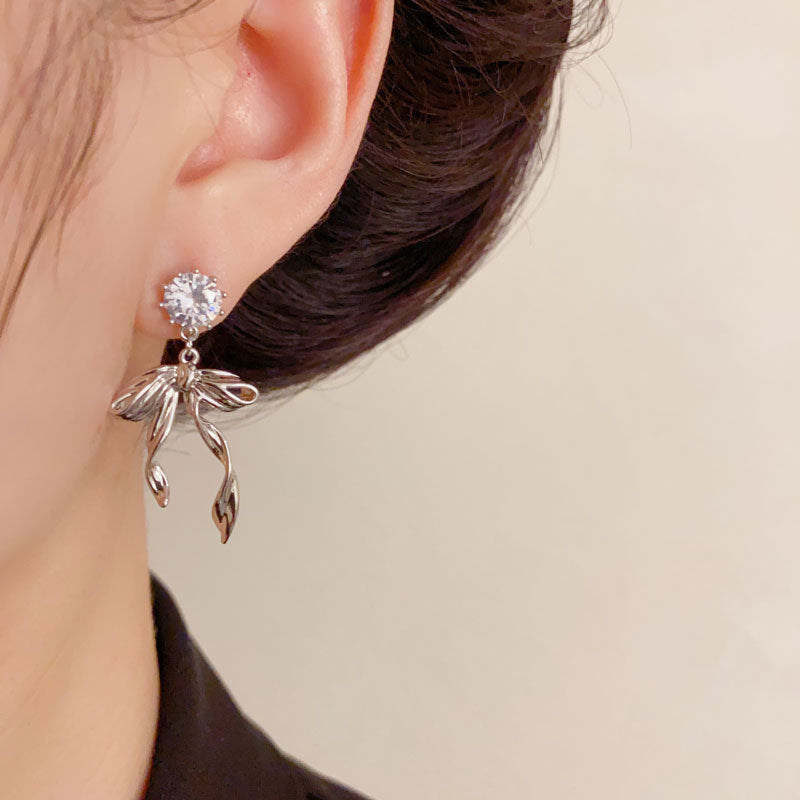 Luxury Zircon Metal Bow Drop Earrings – Elegant Design