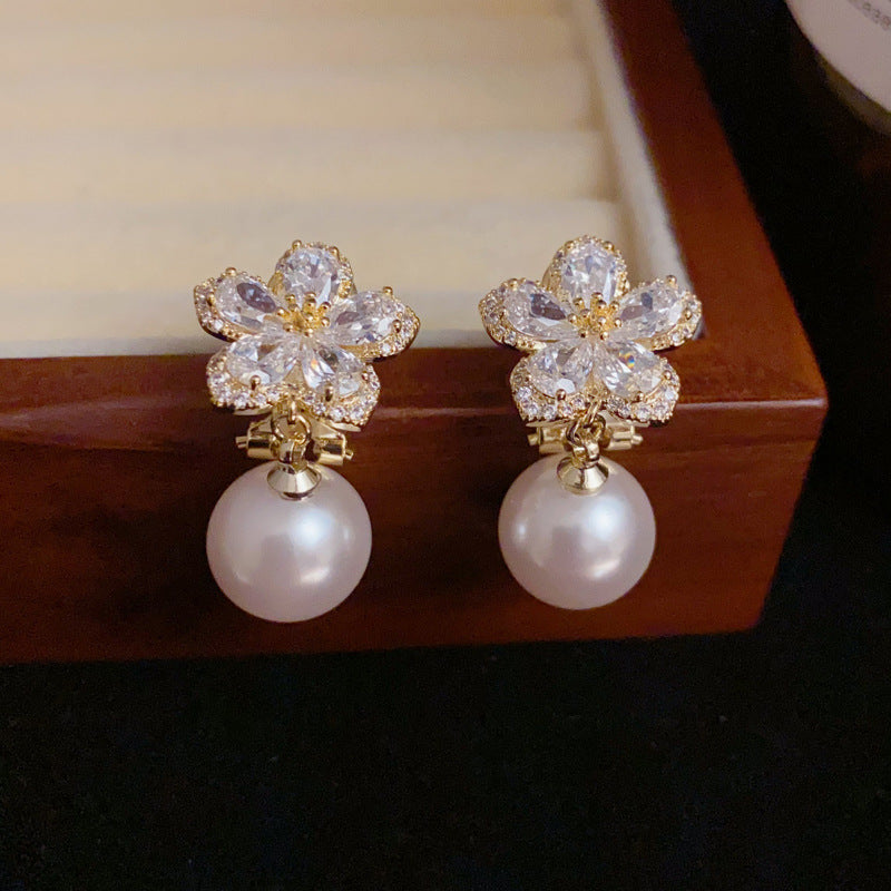 14K Gold-Plated Full Zircon Floral Pearl Drop Earrings Elegant Sparkle