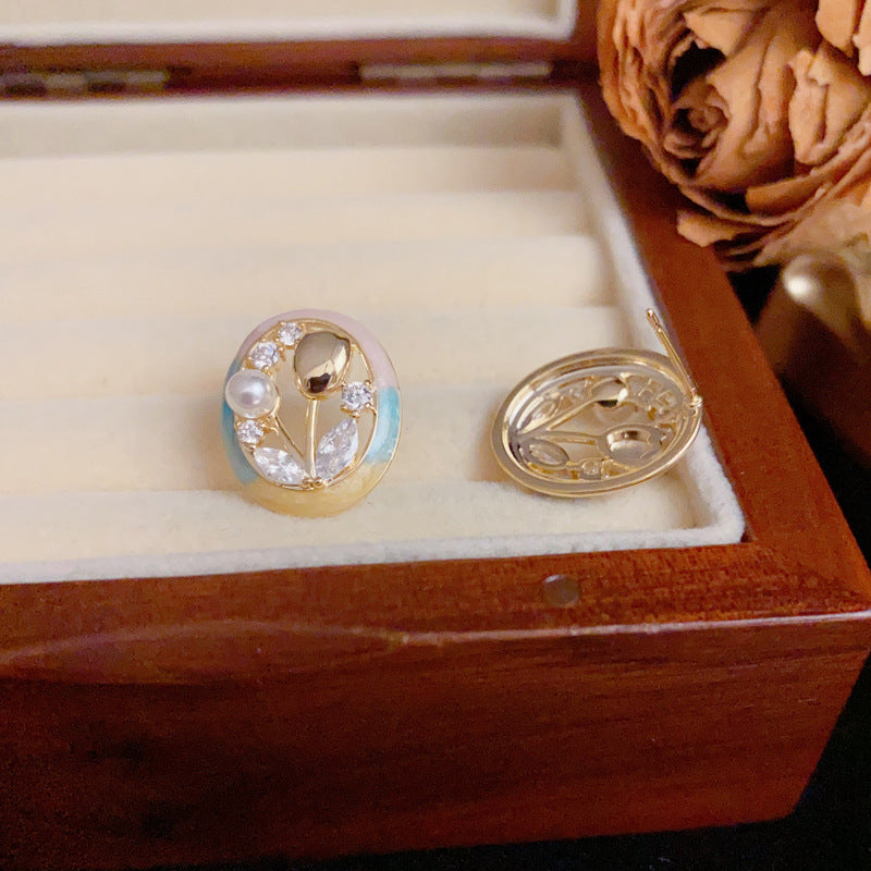 Sweet Enamel Round Tulip & Pearl Stud Earrings – S925 Silver Needle