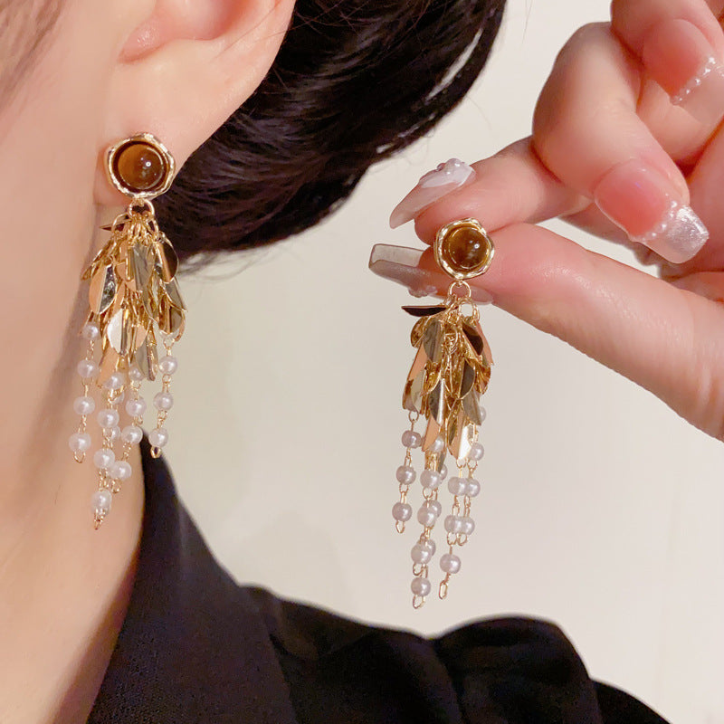 Elegant Tiger's Eye Leaf & Pearl Tassel Earrings – Floral Design