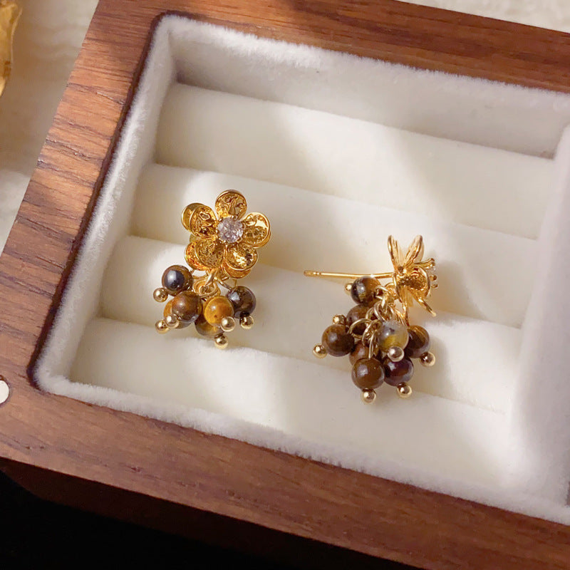 Elegant Tiger's Eye Flower Drop Earrings – Floral Design