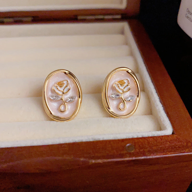 14K Gold-Plated Rose Oval Enamel Stud Earrings – Vintage Chic Design