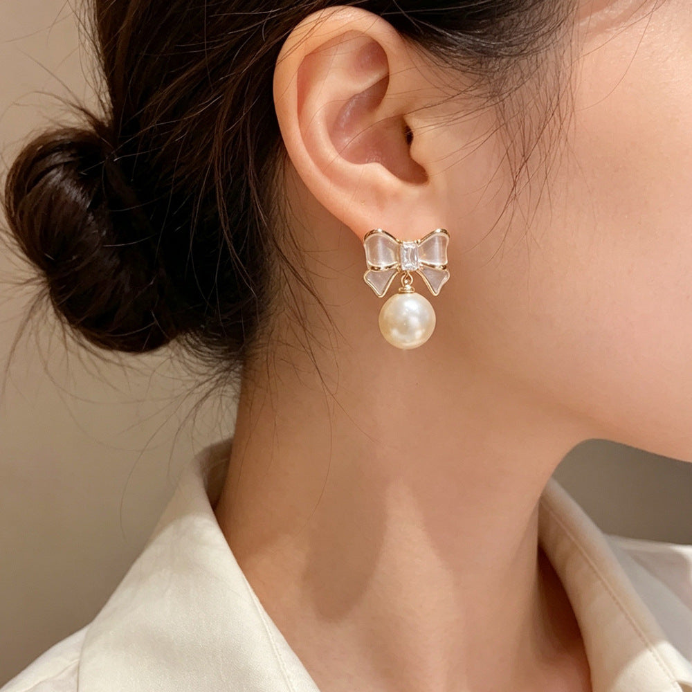 Eaioncol Coffee Gold Bow Pearl Drop Earrings 14K Gold Plated