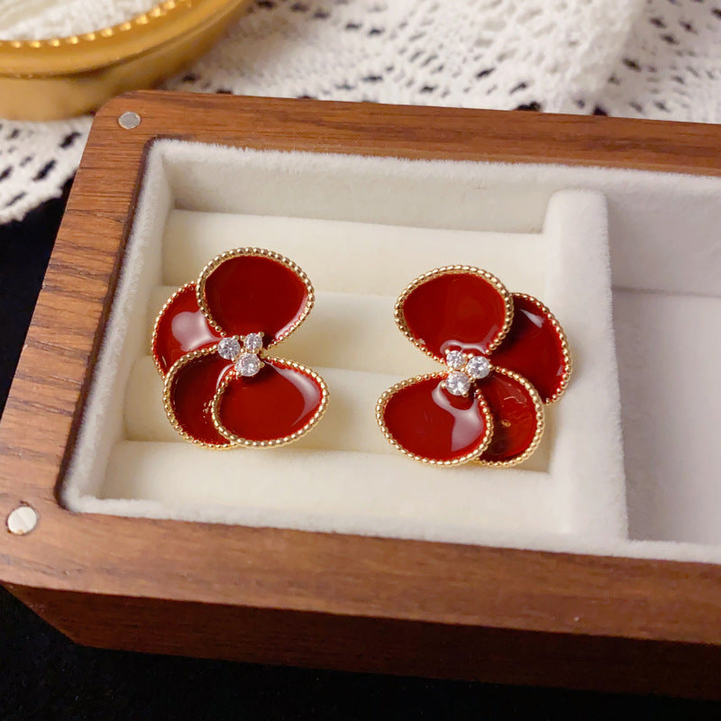 Luxury Enamel Red Petal Stud Earrings – Floral Design