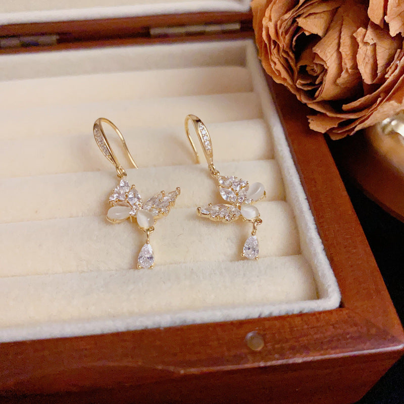 14K Gold Zircon Butterfly & Waterdrop Drop Earrings – Elegant Design