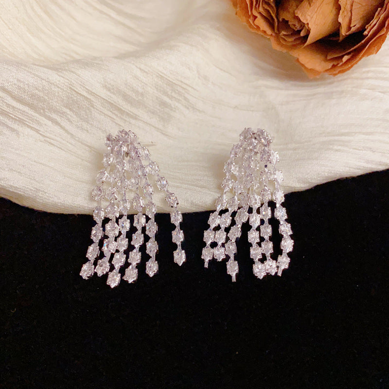 Elegant Full-Zircon Long Tassel Drop Earrings – Geometric Design
