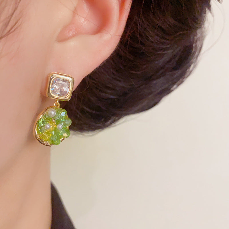 Minimalist Green Crystal Geo Tassel Drop Earrings – S925 Silver Needle