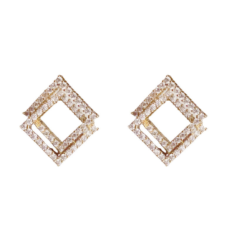 Zircon Double-Layer Diamond-Shaped Stud Earrings – Geometric Design