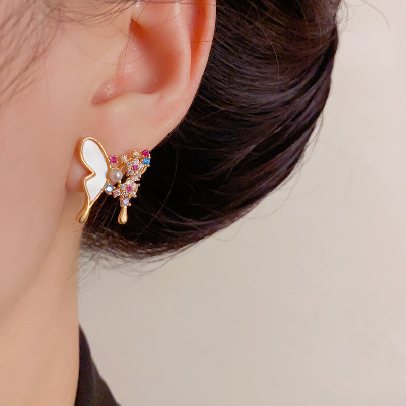 Luxury Shell Pave Rhinestone Butterfly Stud Earrings – Elegant Design