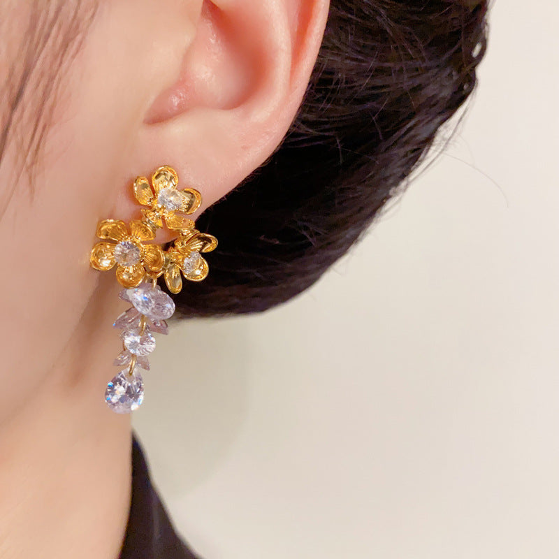 Luxury Metal Petal & Crystal Grape Tassel Drop Earrings –Floral Design