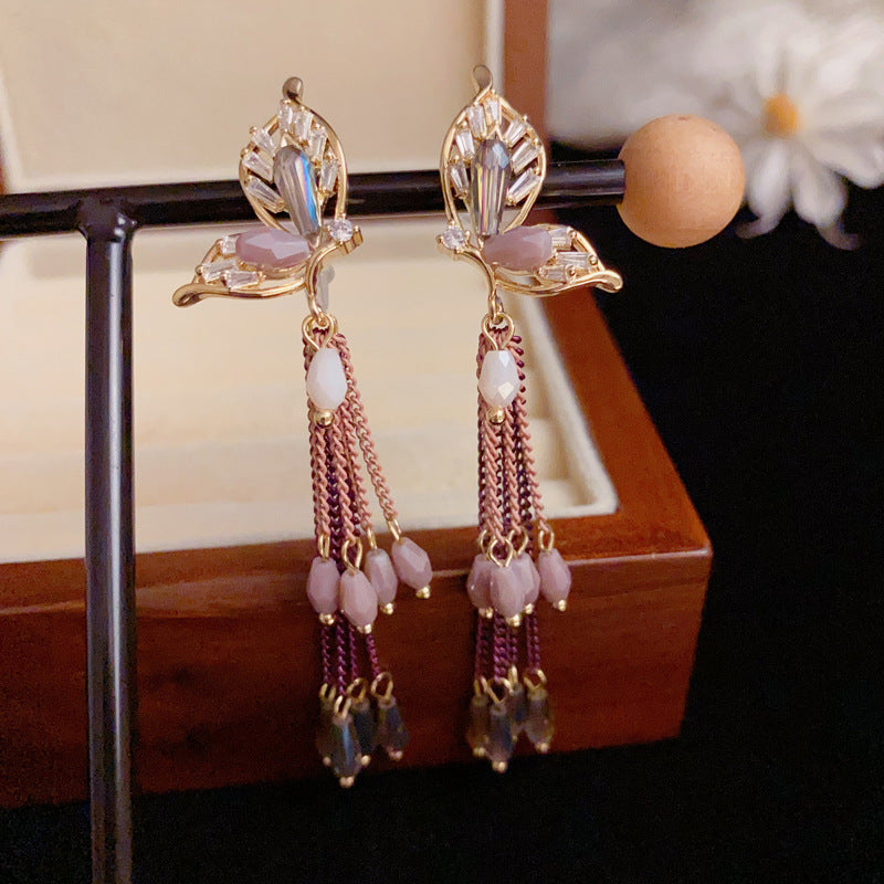 Luxury Butterfly Beaded Tassel Drop Earrings – Elegant Design