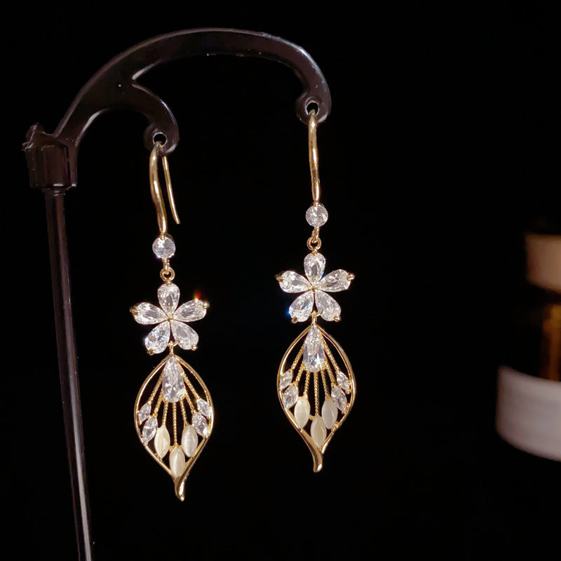 14K Gold-Plated Diamond Flower Leaf Tassel Earrings - Elegant Design