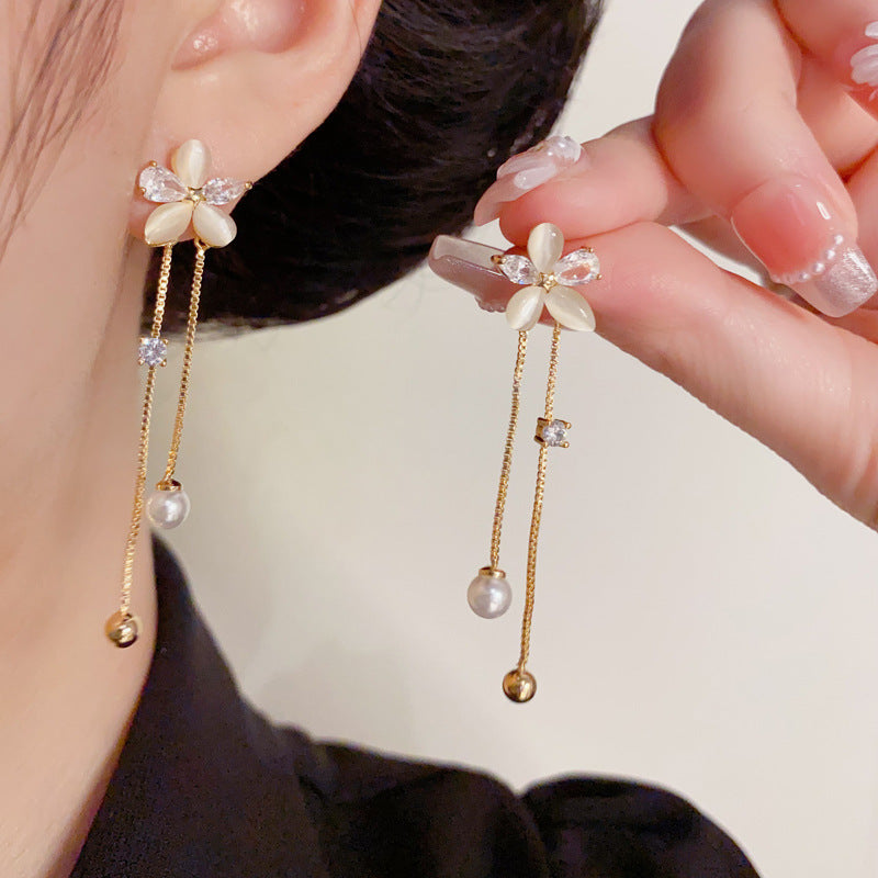 Zircon Flower & Pearl Tassel Drop Flower Earrings – Elegant Design
