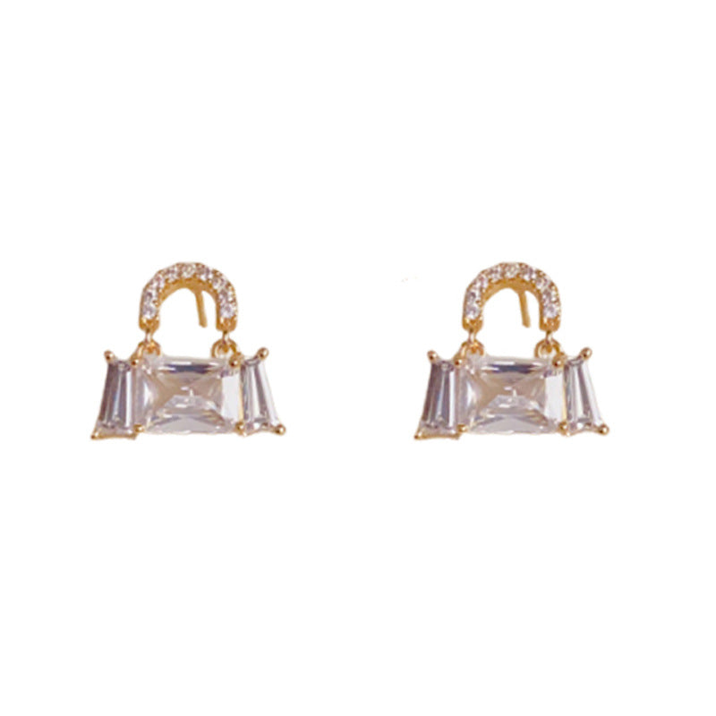 Elegant Full-Zircon Square Bag Stud Earrings – Geometric Design
