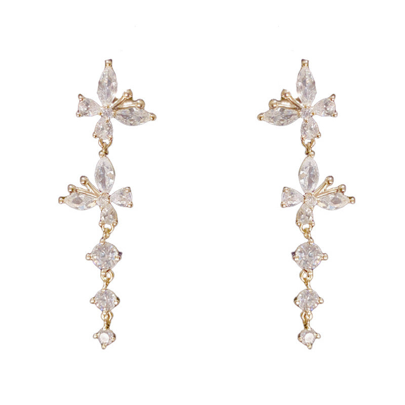 14K Glod Luxury Zircon Butterfly Tassel Drop Earrings – Elegant Design