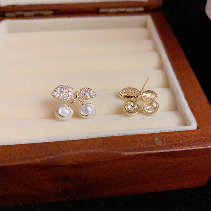 14K Gold Minimalist Zircon&Pearl Cherry Stud Earrings – Elegant Design