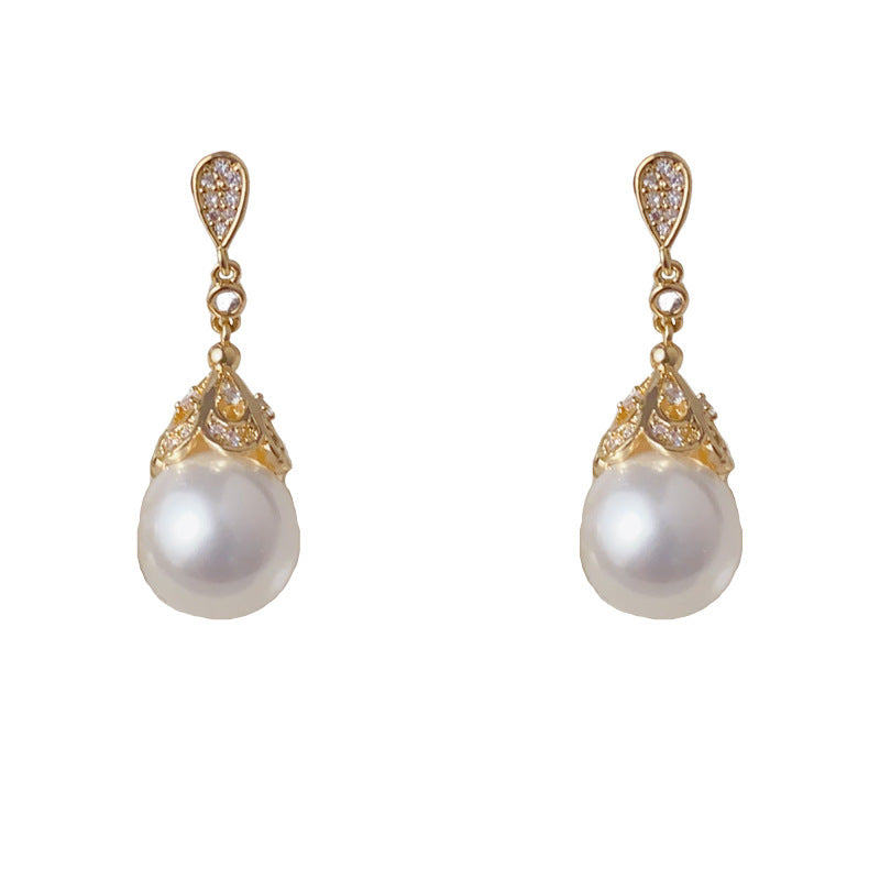 Elegant Zircon Teardrop Pearl Drop Earrings – Geometric Design