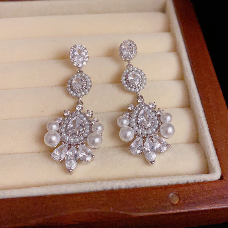 14K Gold-Plated Pearls & Zircon Drop Tassel Earrings - Elegant Design