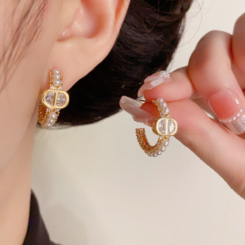 Luxury CD Pearl Hoop Gold Earrings – Letter-Inspired Elegant Design