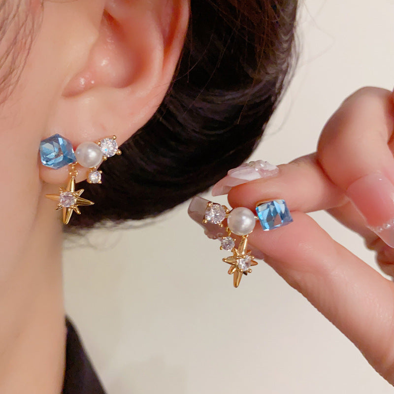 Luxury Blue Sugar Cube Crystal Star Drop Earrings – Star-Shaped Design